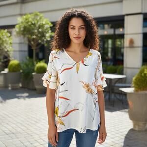 Worthington Womens Floral V-Neck Blouse Sheer Lightweight Short Sleeve Cream S